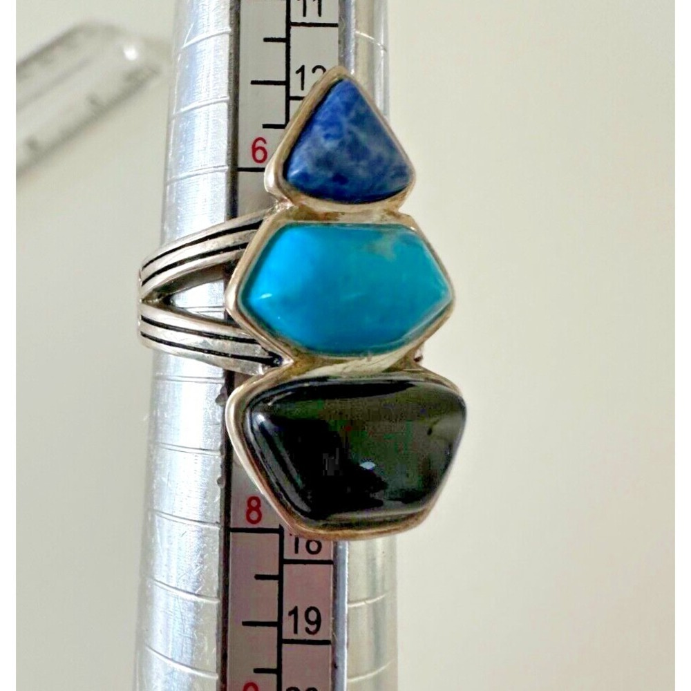 Barse Black Onyx Turquoise Sterling Silver Ring Southwest Blue Etched Sz‎ 7 925